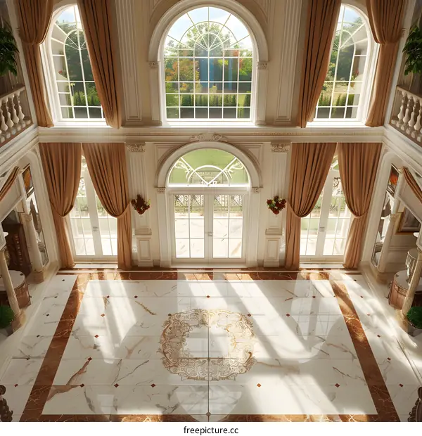Luxury Home Entrance with Large Windows and Marble Floor