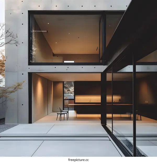 Modern Concrete House with Large Windows and Minimalist Interior