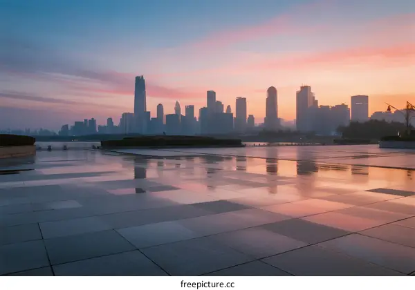 Beautiful city skyline at sunrise with reflective pavement