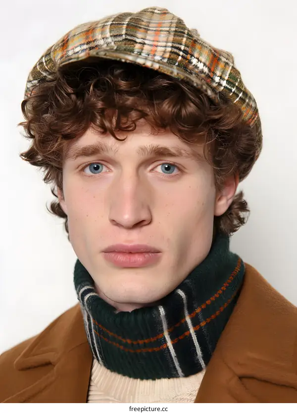 Man with Curly Hair Wearing Plaid Hat and Scarf