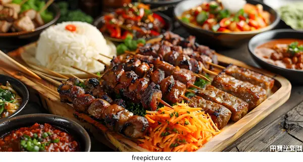 Grilled Meat Skewers with Rice and Carrot Salad