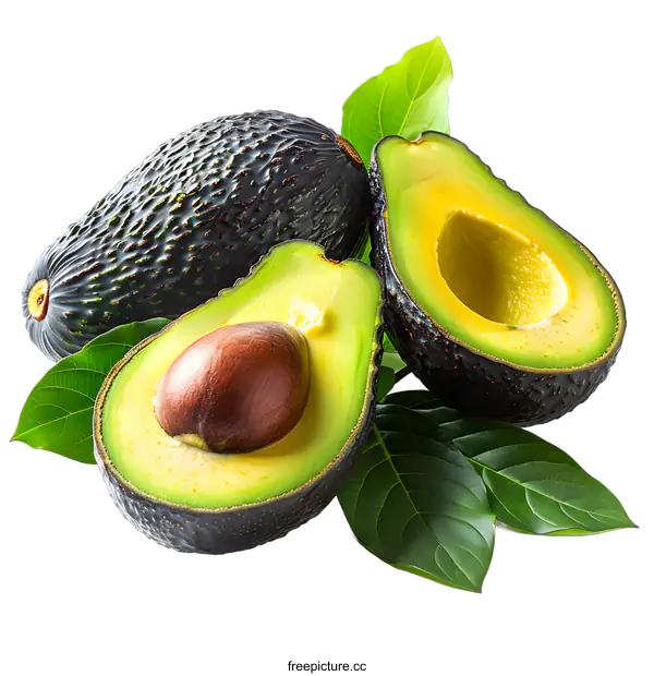 [Transparent Background PNG]three avocados with green leaves
