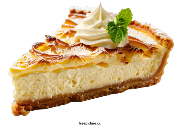 [Transparent Background PNG]A slice of cheesecake with whipped cream and mint