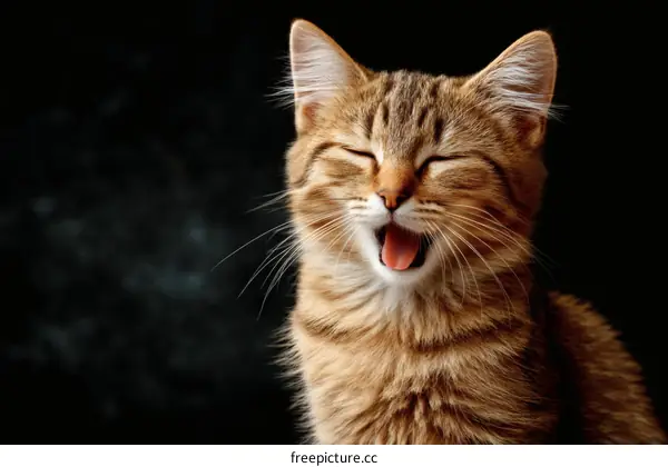 Adorable Kitten Yawning Against Dark Background