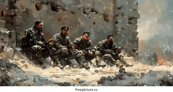 Four soldiers in winter uniform taking cover during the battle