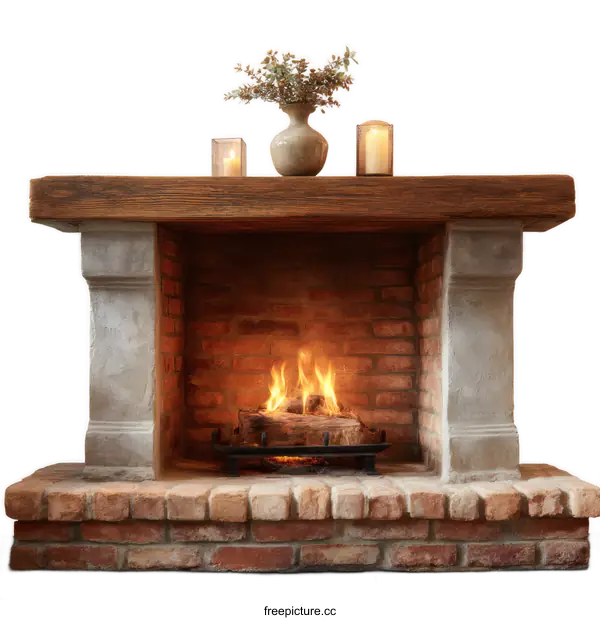 [Transparent Background PNG]Rustic Brick Fireplace with Burning Wood