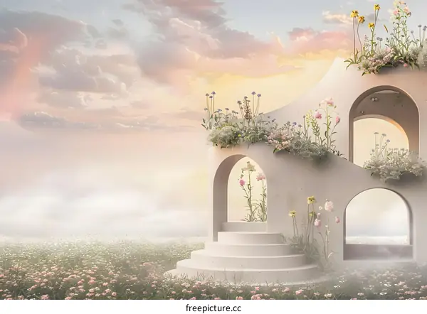 Abstract Floral Archway with Pastel Sky