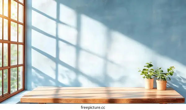Empty wooden table in front of a light blue wall with shadows