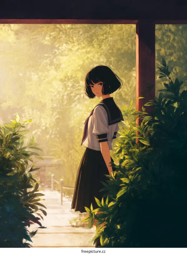 A Japanese Schoolgirl in a Serene Garden Setting