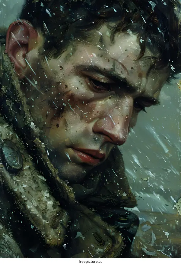Portrait of a Weathered Soldier in the Snow