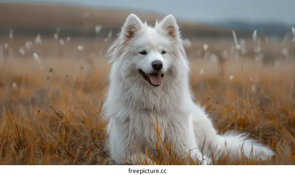 A white dog with long fur is sitting in a field of tall grass.