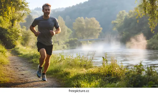 Man Running on Trail by River in Morning