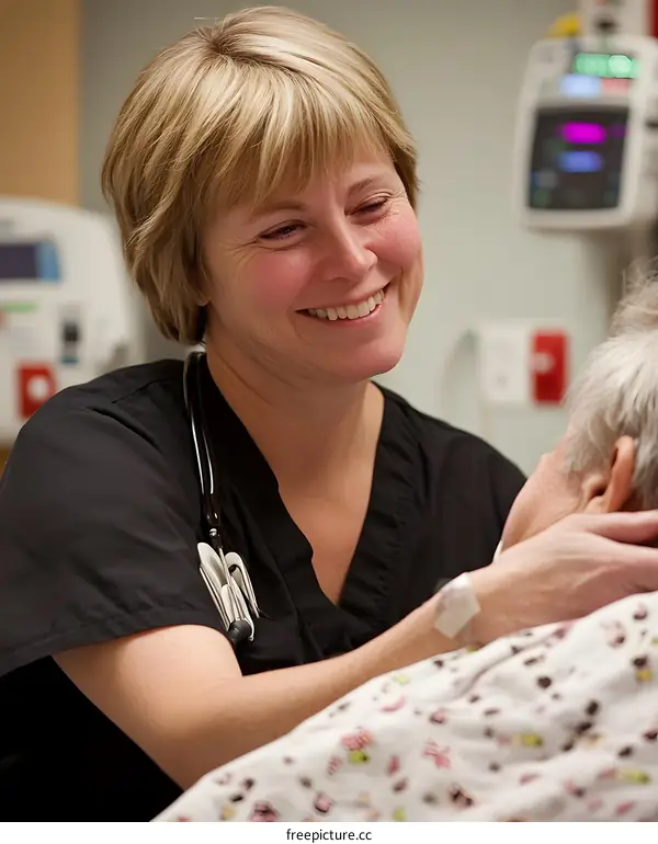 Smiling Nurse Comforting Patient in Hospital Bed