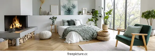 Modern Bedroom with Fireplace and Greenery