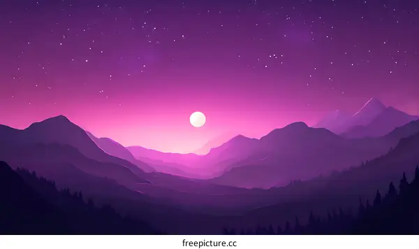 Purple Mountain Landscape Illustration With Full Moon and Stars