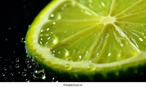Close-up photo of a lime wedge with water droplets on a black background