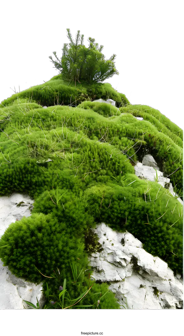 [Transparent Background PNG]Green Mossy Rock Surface With Small Tree On Top
