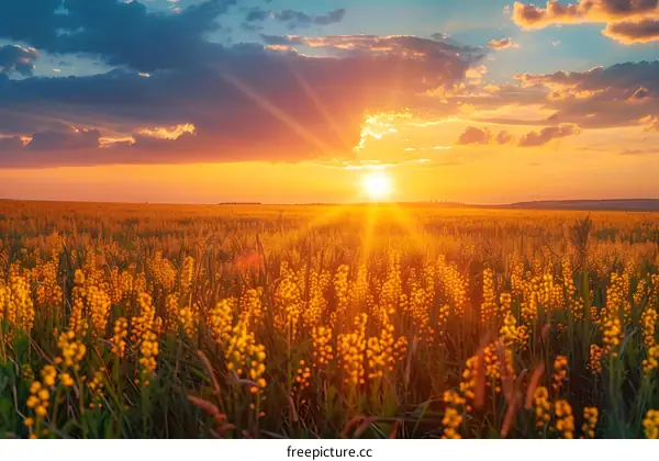Field of yellow flowers at sunset