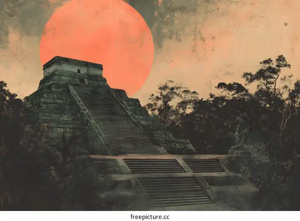 Ancient Mayan Pyramid Under a Red Sun
