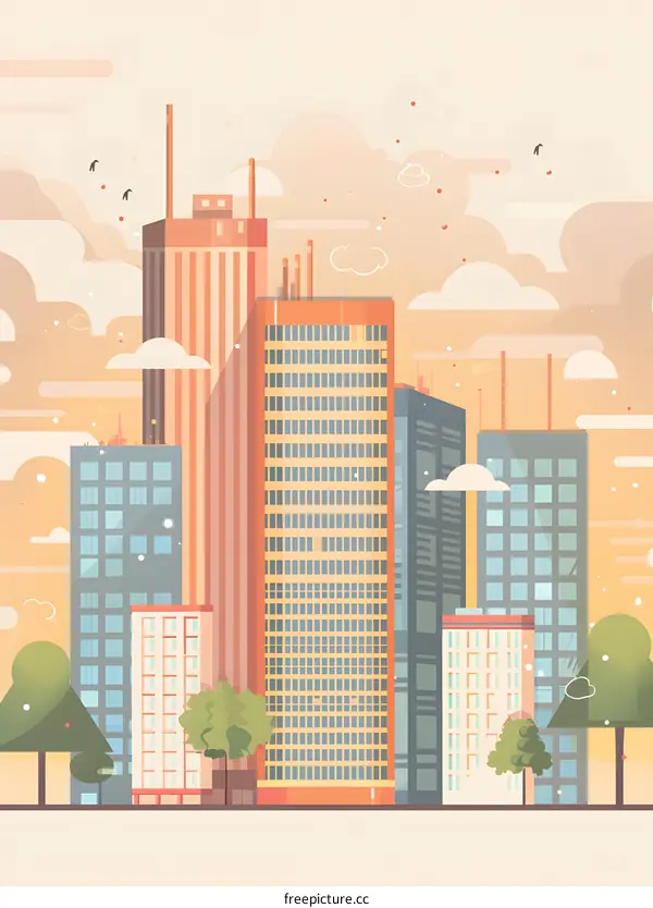 Cityscape Illustration with Buildings and Sky