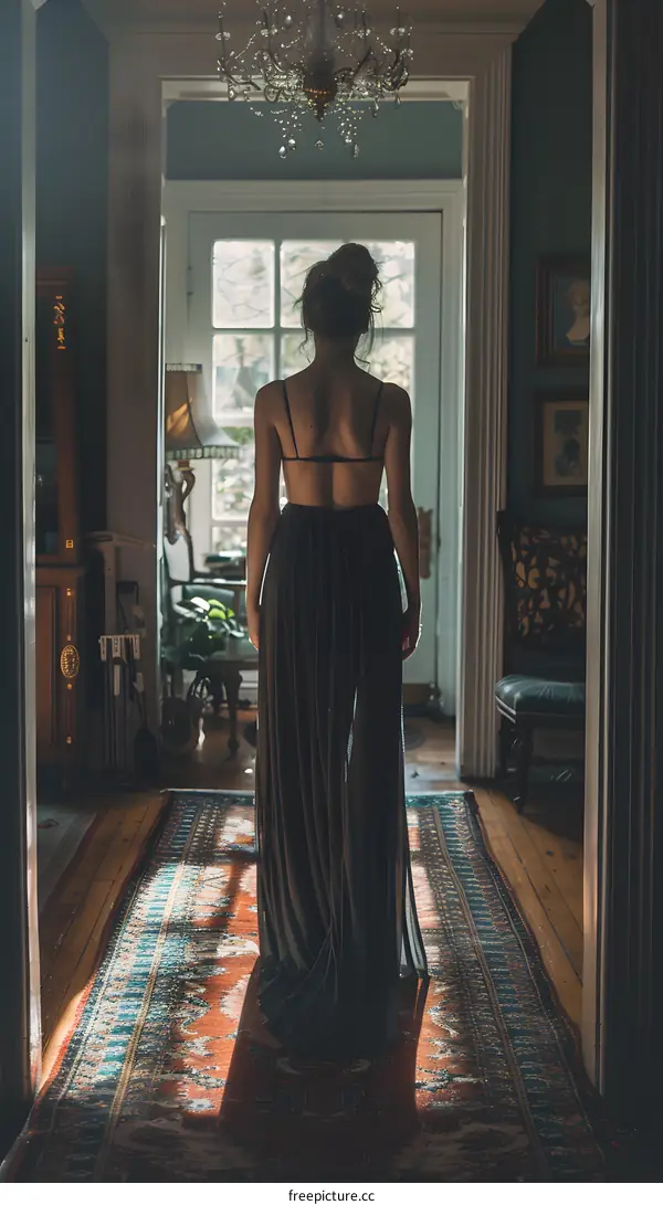 woman in black dress walking down hallway