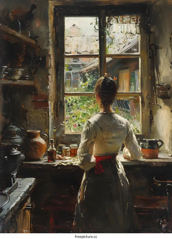 A Woman Looking Out of a Window in a Rustic Kitchen