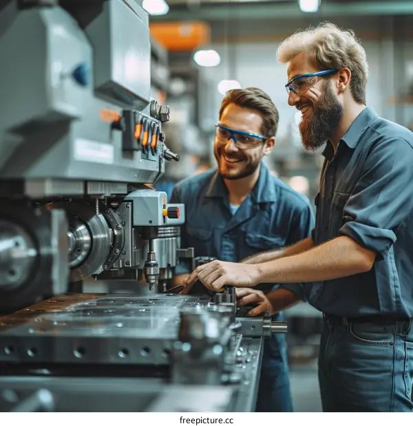 Two machinists working together in a factory