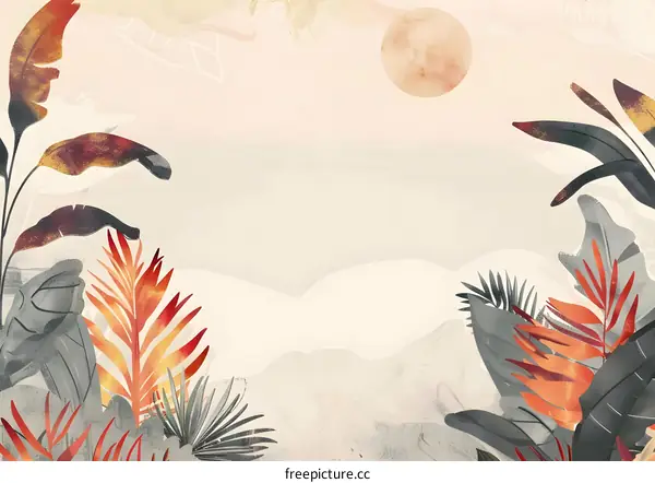 Abstract Watercolor Illustration with Tropical Plants and a Sun