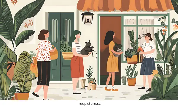 Four Women Carrying Items In Front Of A House