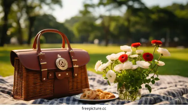 Still life picnic with flowers and a basket
