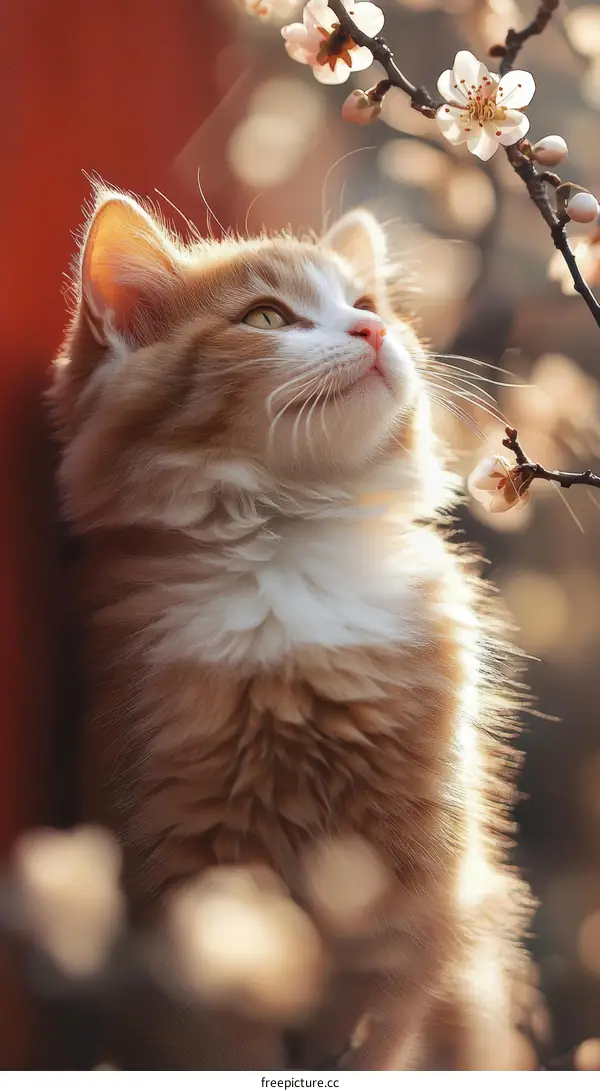 Cute Ginger Cat Among Blossoming Branches
