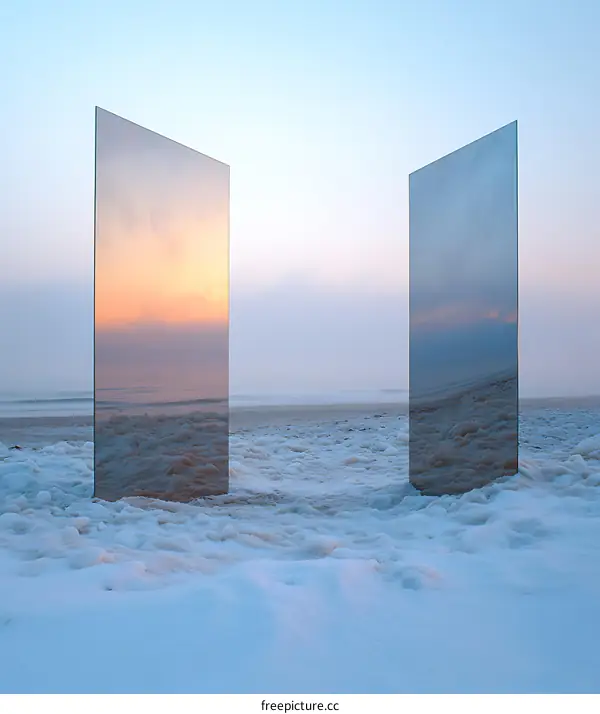 Two Mirrors Reflecting the Sea and Sky on a Snowy Beach