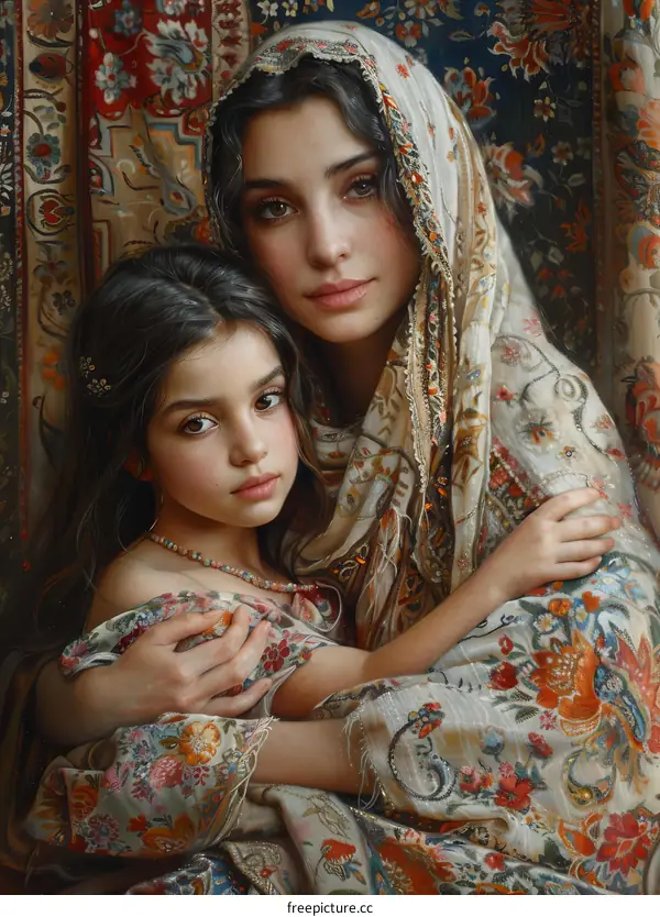 A mother and her daughter are posing in front of a colorful tapestry.