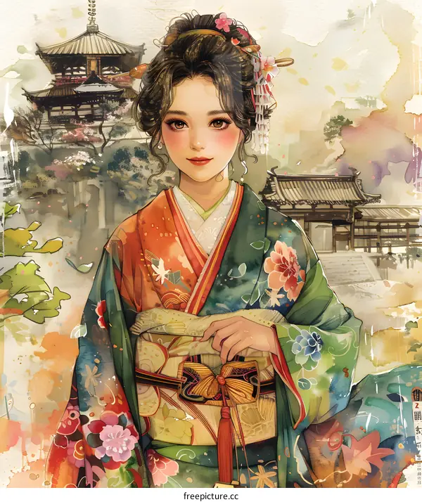 A beautiful Japanese woman in a kimono standing in front of a temple.