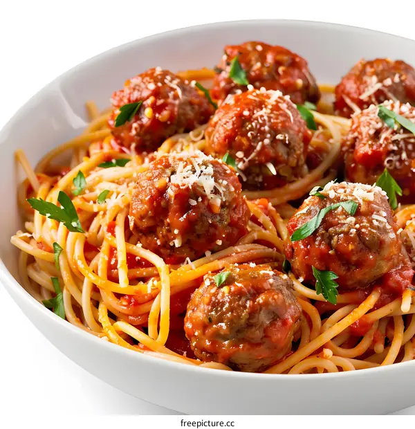 Spaghetti and meatballs with tomato sauce and parsley