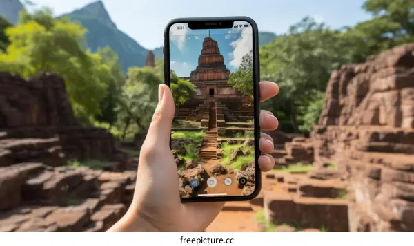 A hand holding a smartphone takes a picture of an ancient temple ruin