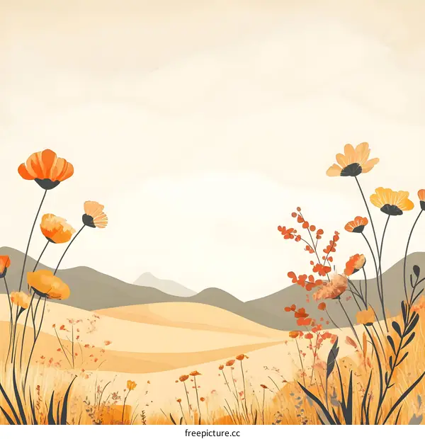 Beautiful Orange Flowers In Field With Mountain Landscape