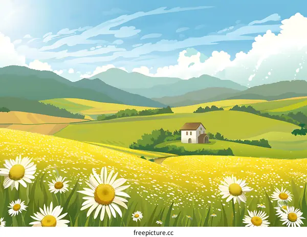 Beautiful Landscape With Green Hills And Daisies