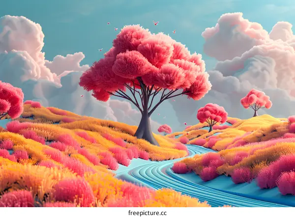 Dreamy Fantasy Landscape with Pink Trees and Blue River