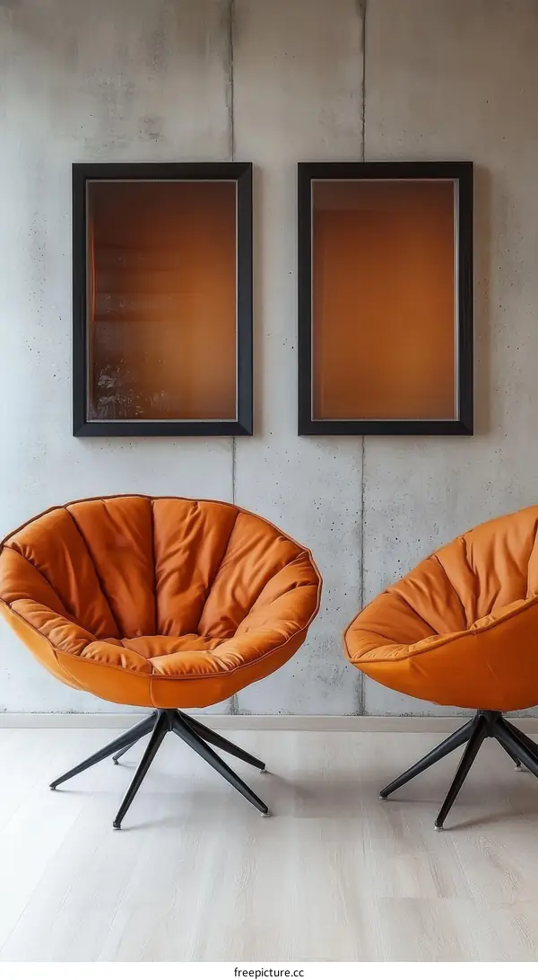 Modern Orange Armchairs with Black Frames