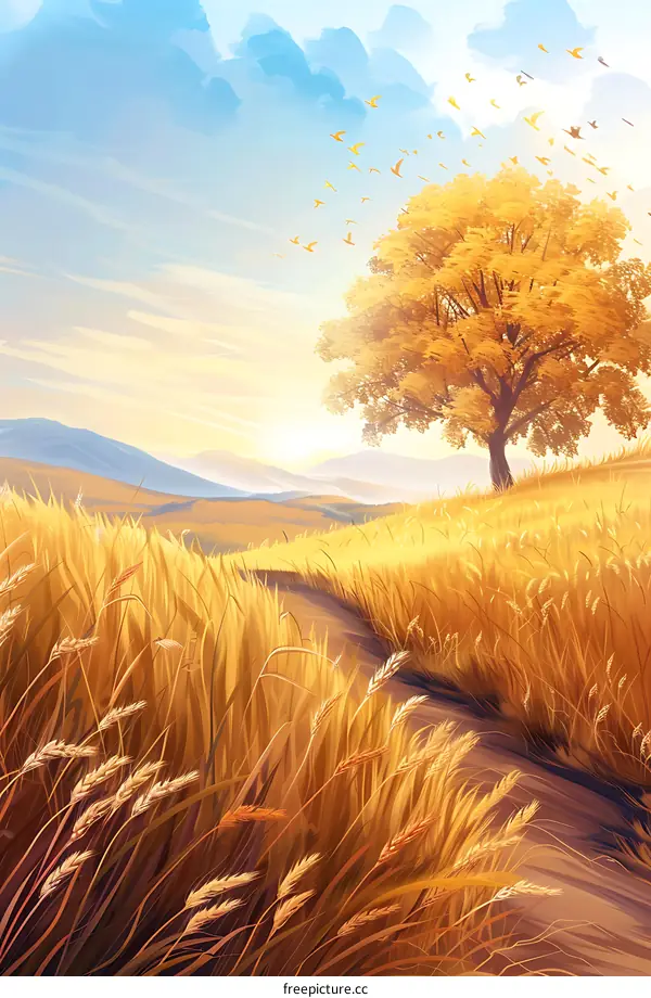 Golden Wheat Field Landscape With a Tree and Birds Flying in the Sky