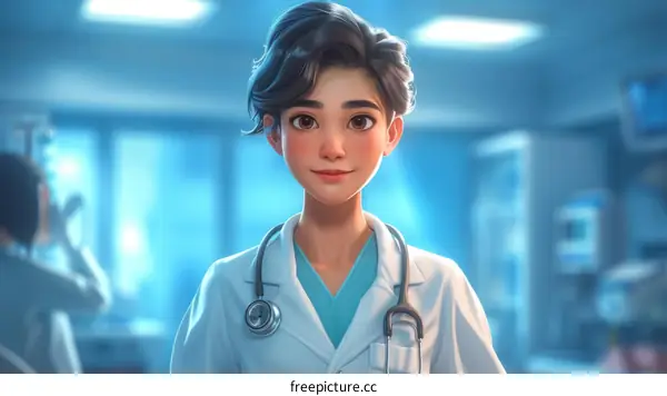 A young female doctor in a white coat is standing in a hospital.
