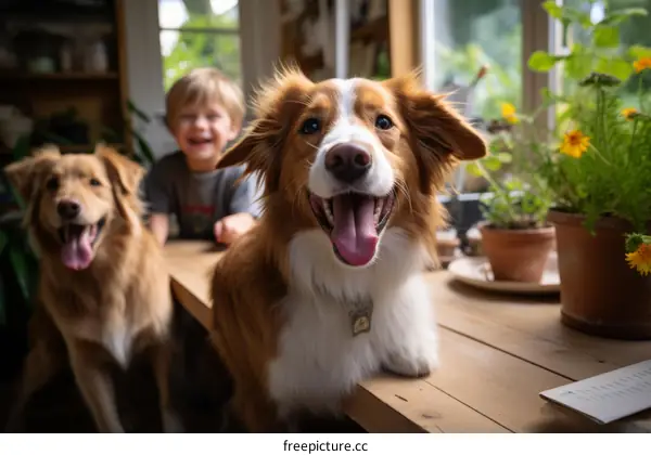 A happy boy and his two dogs sit at a kitchen table