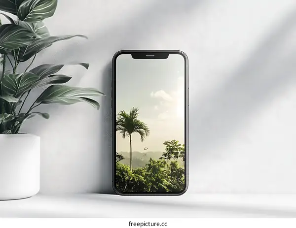Smartphone with Tropical Landscape Screen Wallpaper