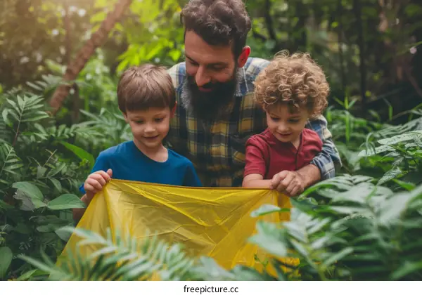 Father and sons exploring nature