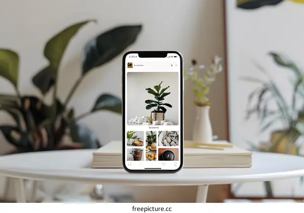 Modern Minimalist Home Decor With Green Plants And A Smartphone On A White Table