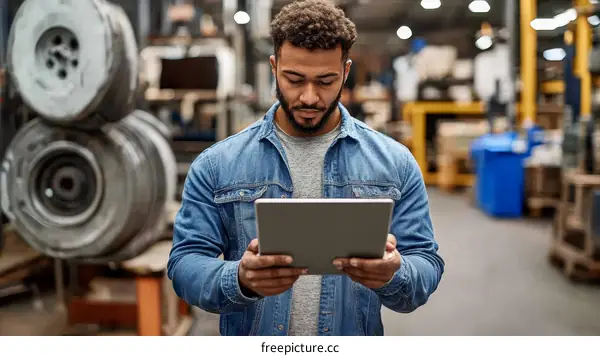 Warehouse Worker Checking Inventory on Tablet