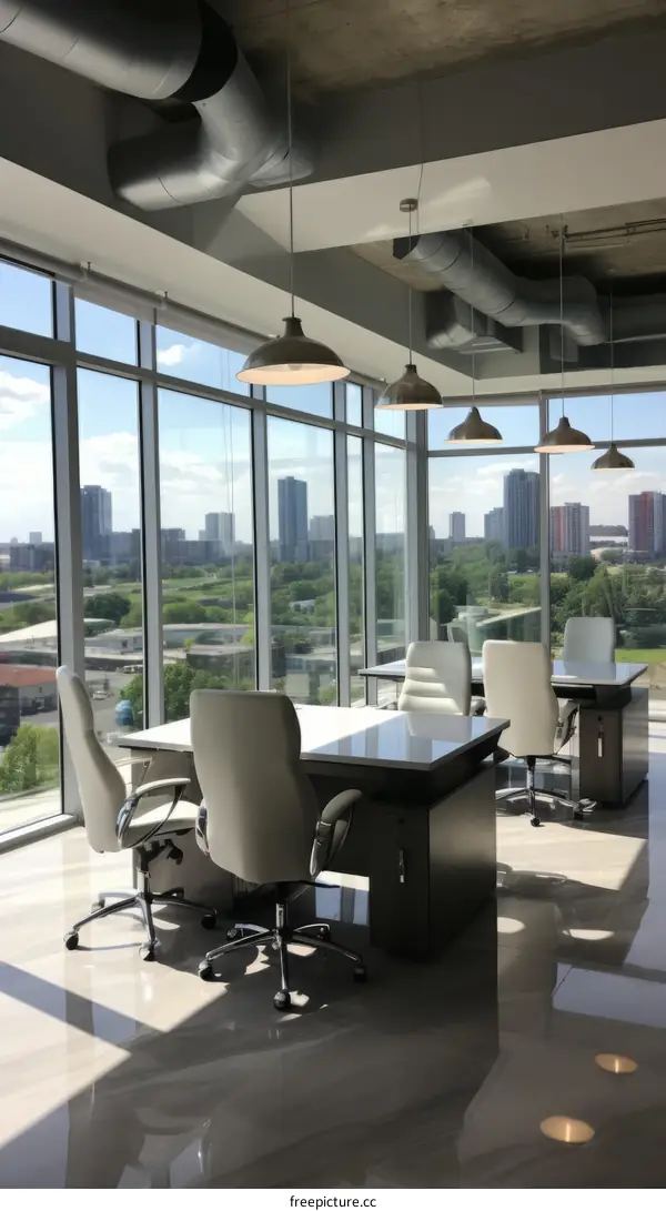 Modern office space with large windows and city view