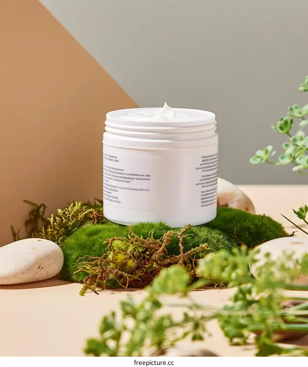 Natural Moisturizing Cream Jar On Mossy Background