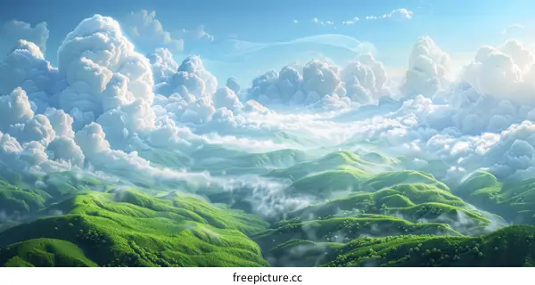 Green Hills and White Clouds in the Sky